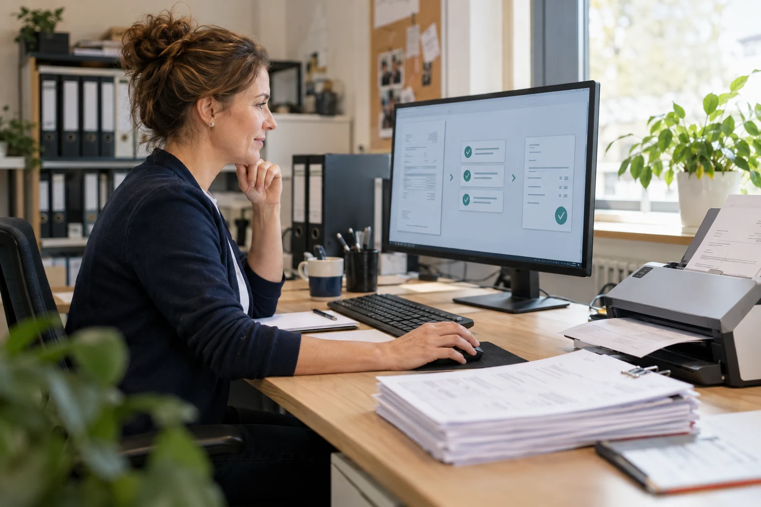 Mitarbeiterin prüft einen digitalen Rechnungsprozess